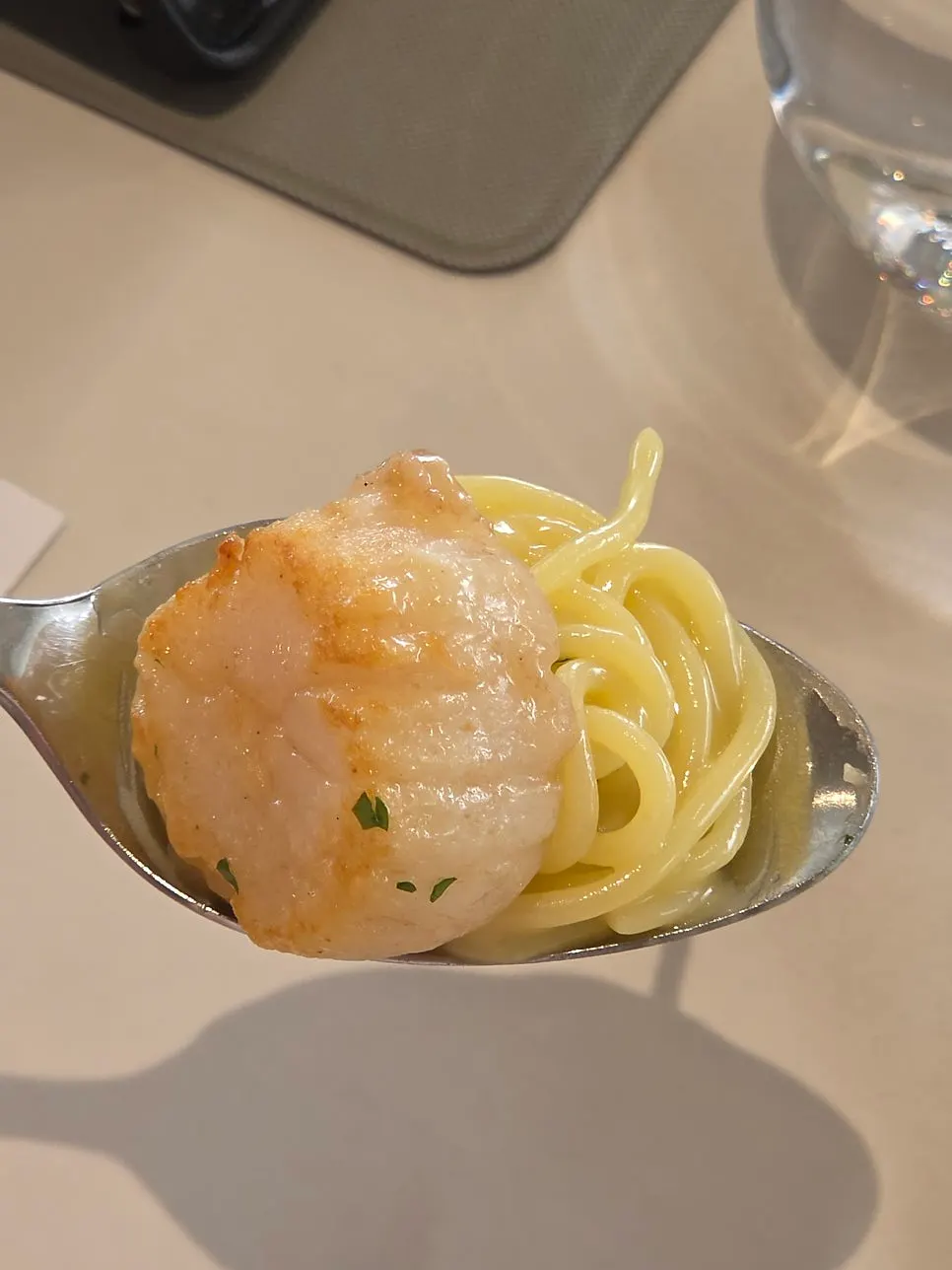 Golden-seared scallops and creamy pasta