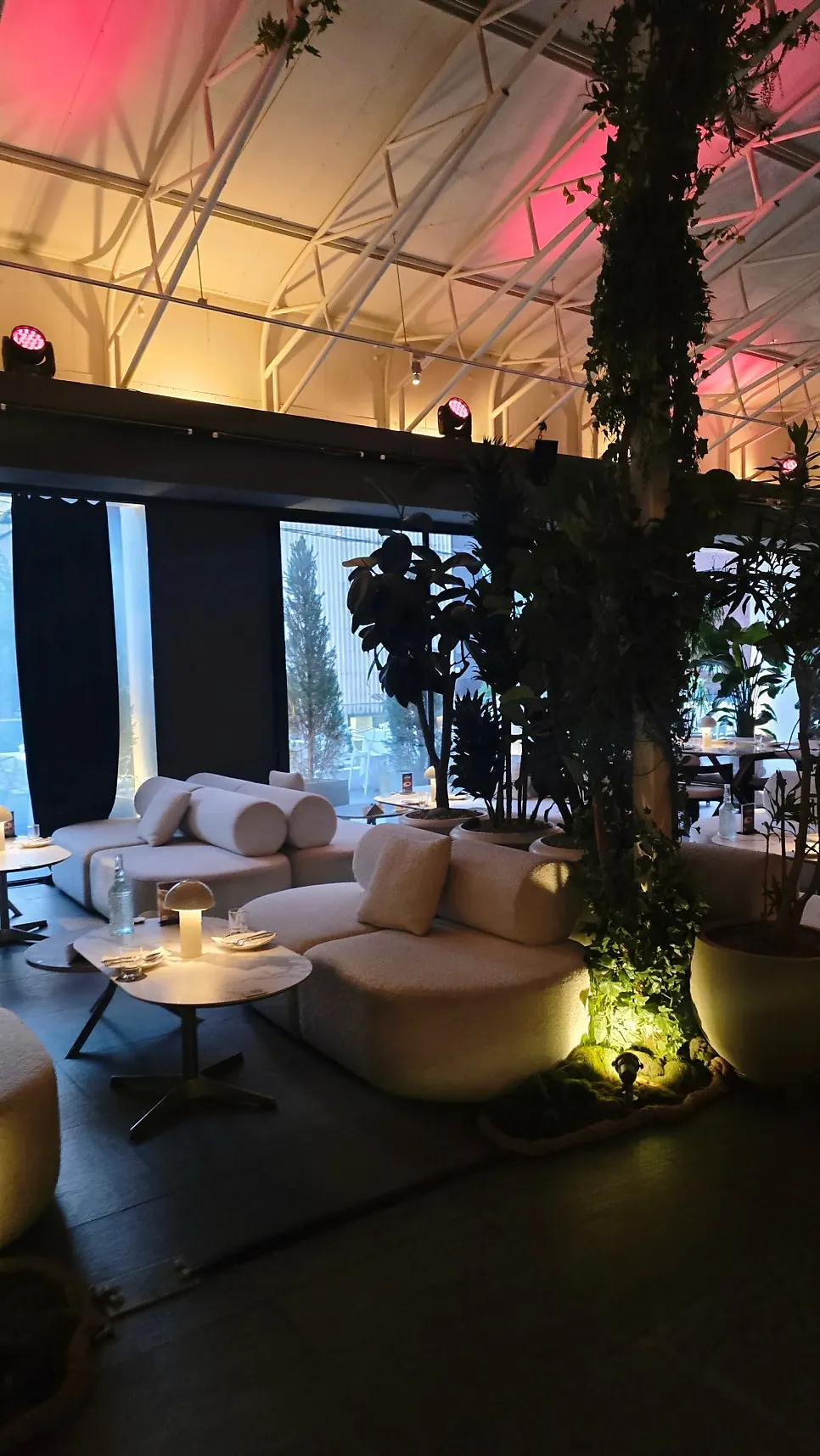 Greenhouse-like restaurant interior with a high ceiling