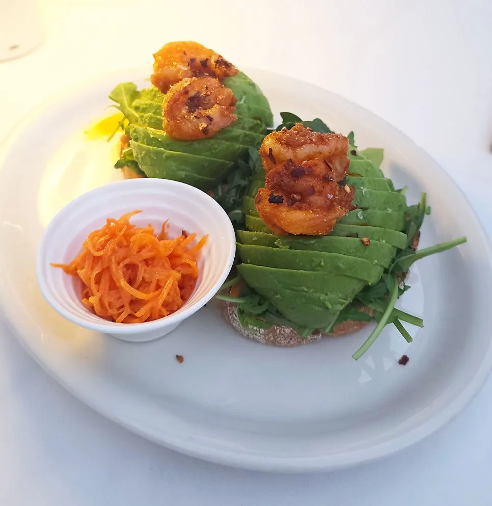 Shrimp avocado open sandwich