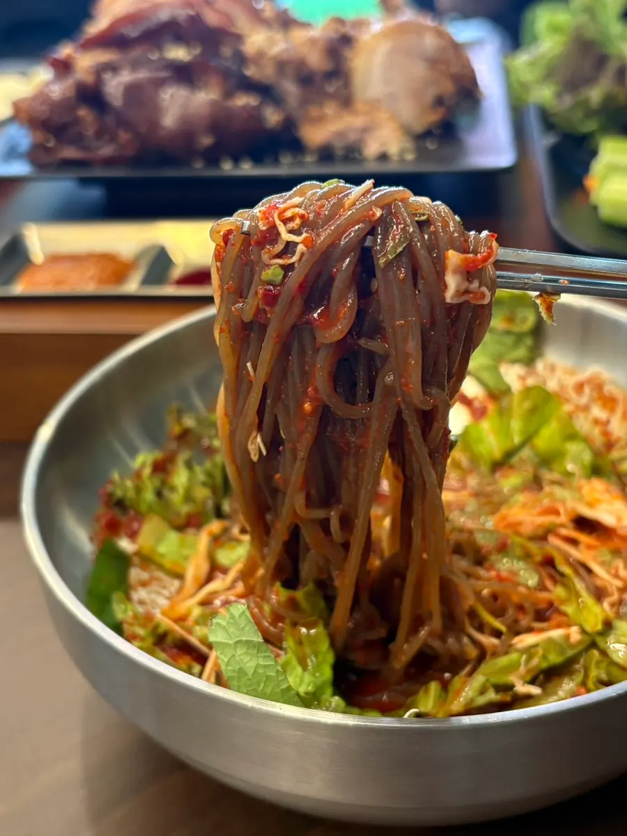 채소가 듬뿍 들어간 막국수 한 젓가락