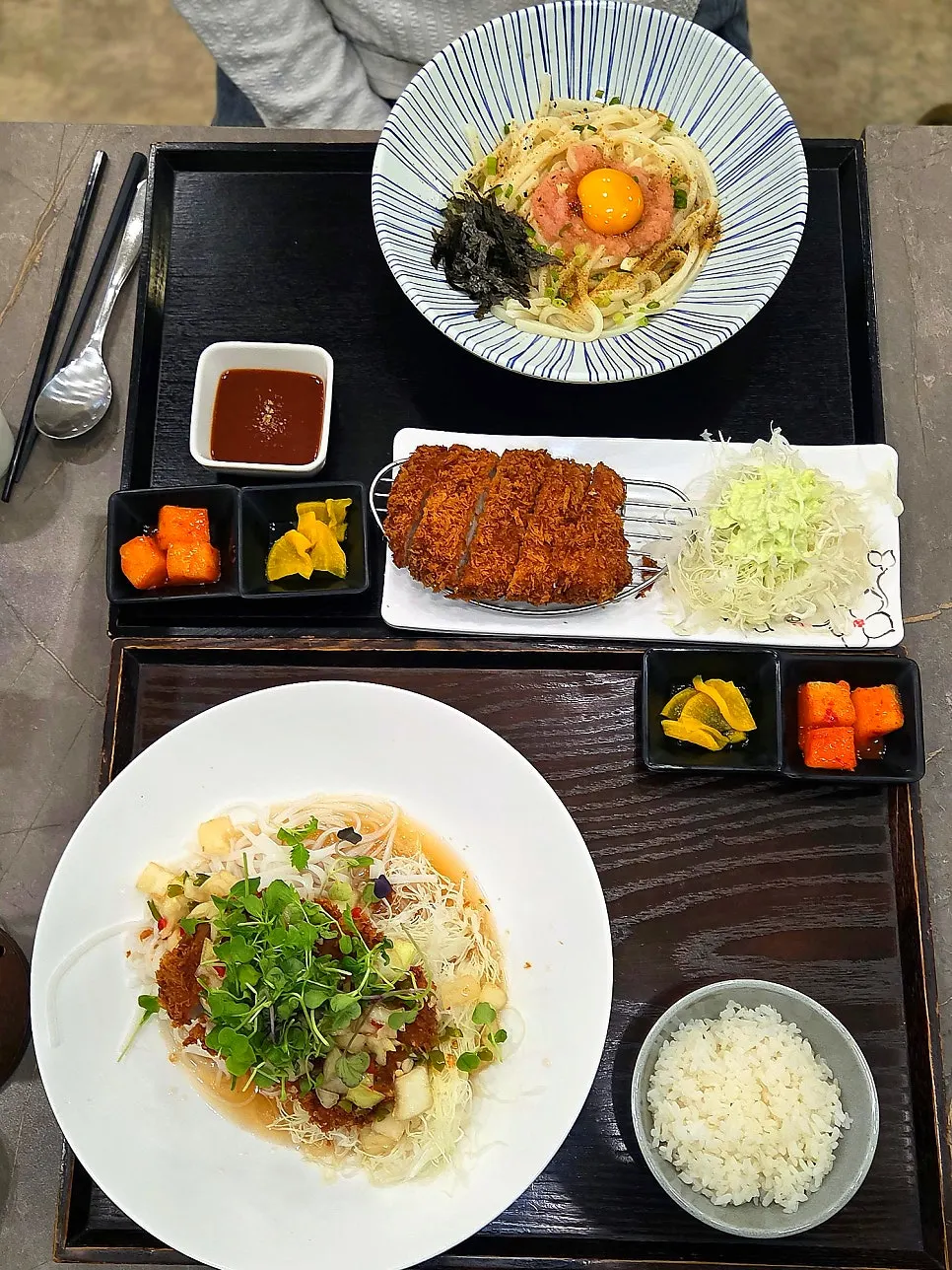 Aqua Pork Cutlet and Mentaiko Bibim Udon served together