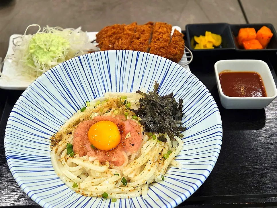 Mentaiko Bibim Udon set served with pork cutlet