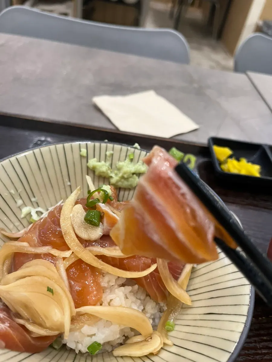 Salmon jang rice bowl served alongside the pork cutlet