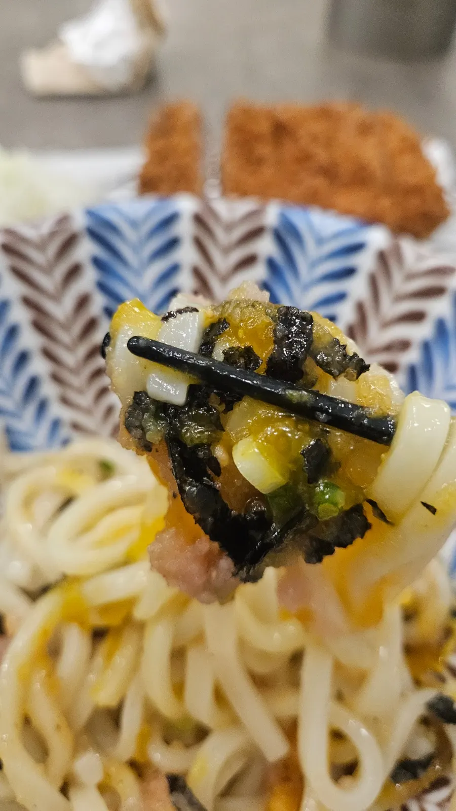Close-up of chewy udon noodles