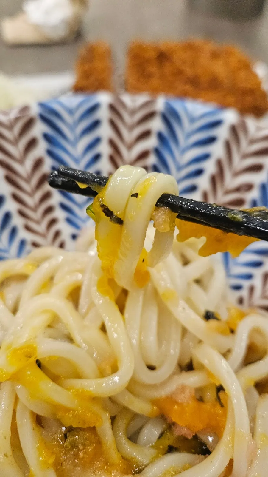 Mixed udon topped with pollack roe and egg sauce