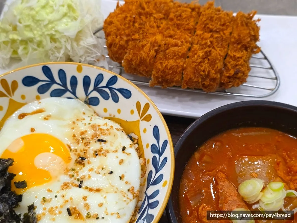 Full spread of the pork kimchi jjigae and pork cutlet set at Cheongdam Kkatsu