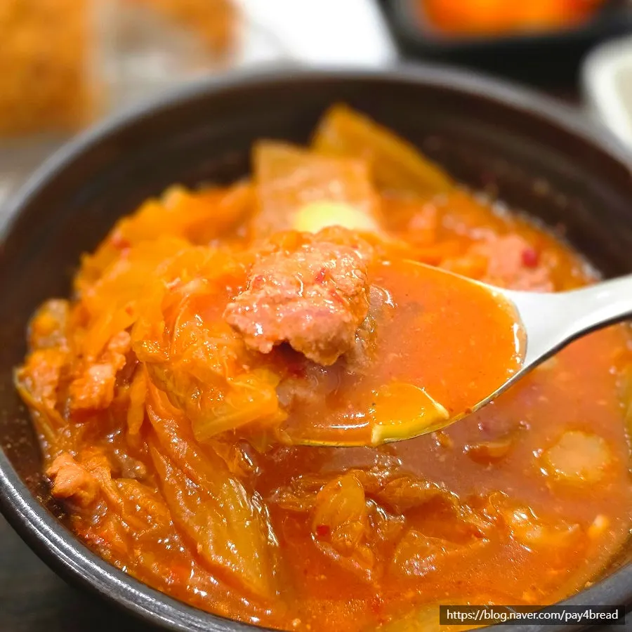 Close-up of the pork kimchi jjigae with its solid ingredients