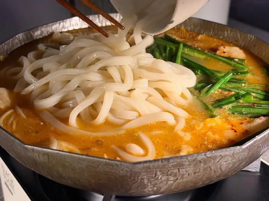 Korean beef offal miso nabe enjoyed as a brothy dish