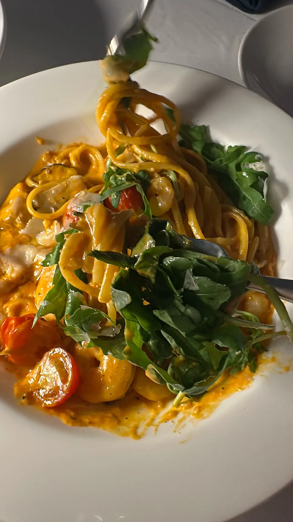 Rosé pasta with shrimp and grilled mushrooms