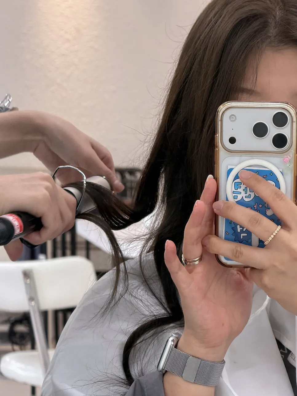 Long brown hair with waves and texture showing