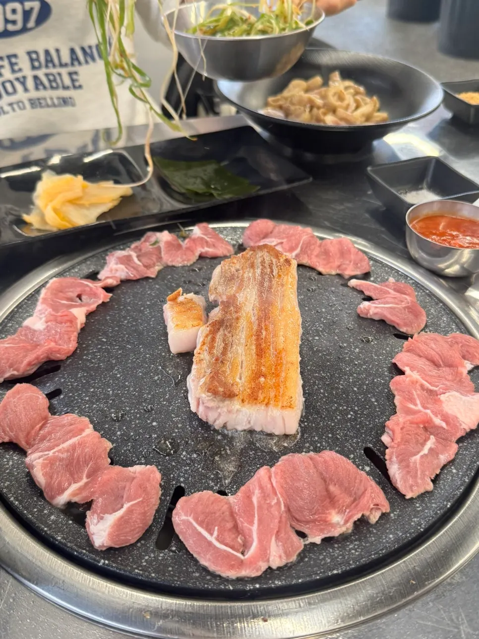 Thick pork belly grilled golden brown on the outside