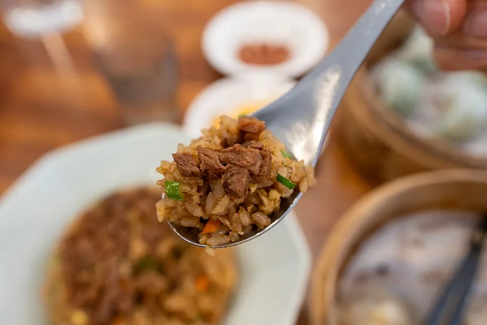 Solo dining table set with dim sum and fried rice together