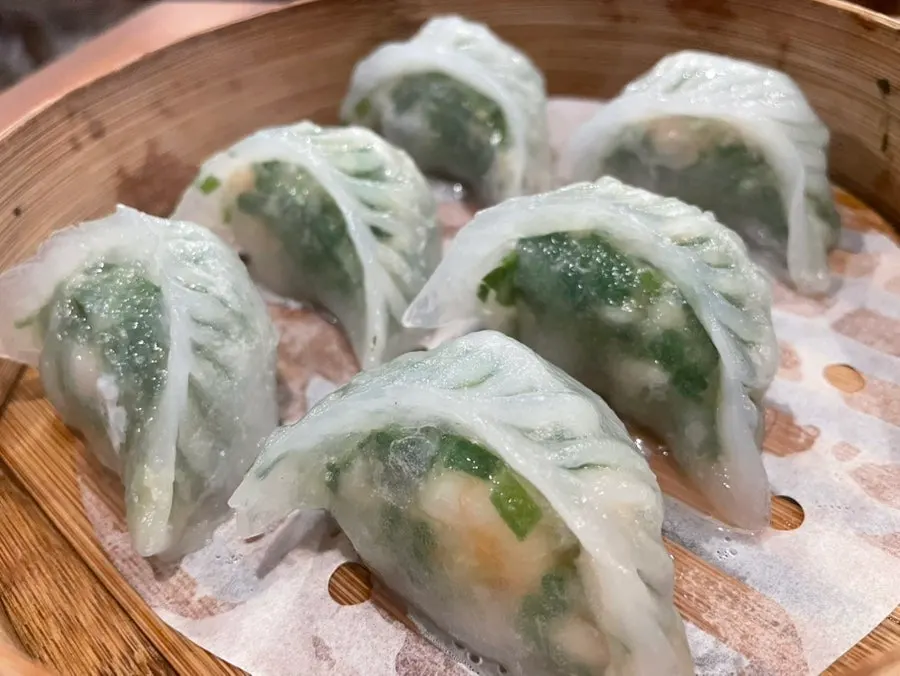 Inside of a crystal dumpling with shrimp and chives