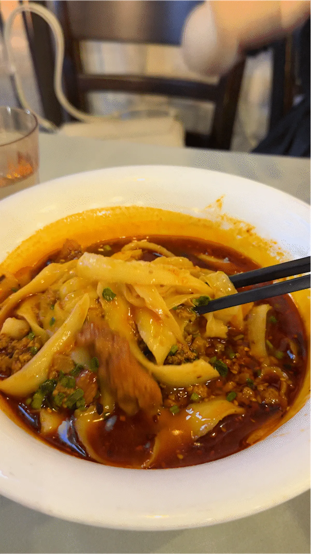 Close-up of Sichuan-style beef dosakmyeon full of mala aroma