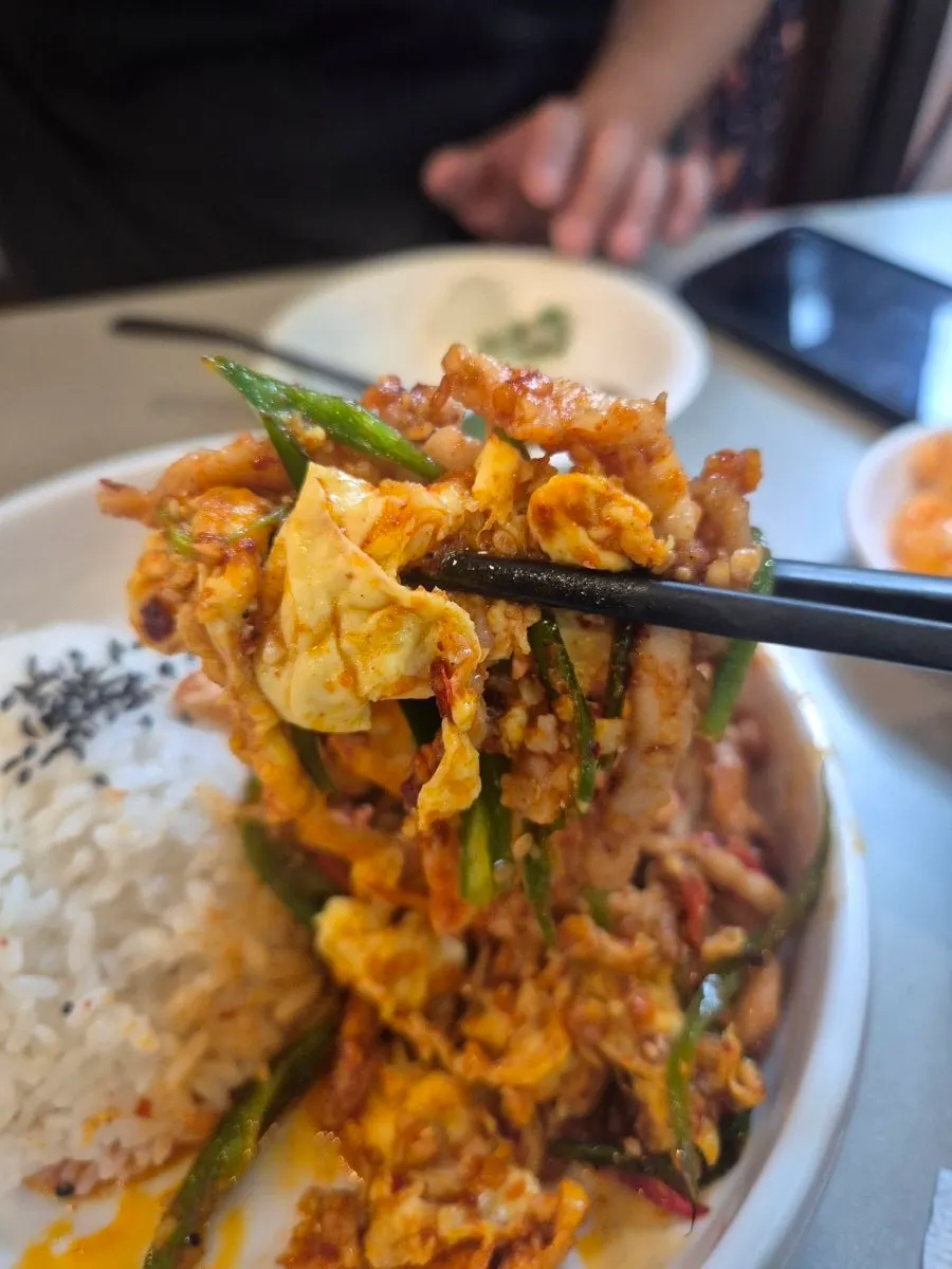 Tiger stir-fry with egg, pork, and chili