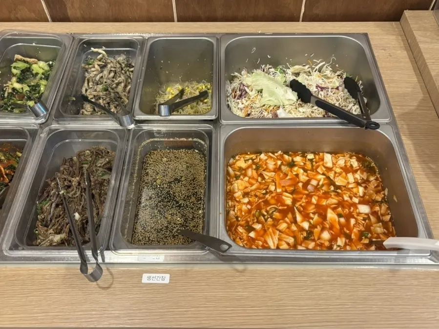 Basic spread with spicy pork stir-fry and seaweed soup