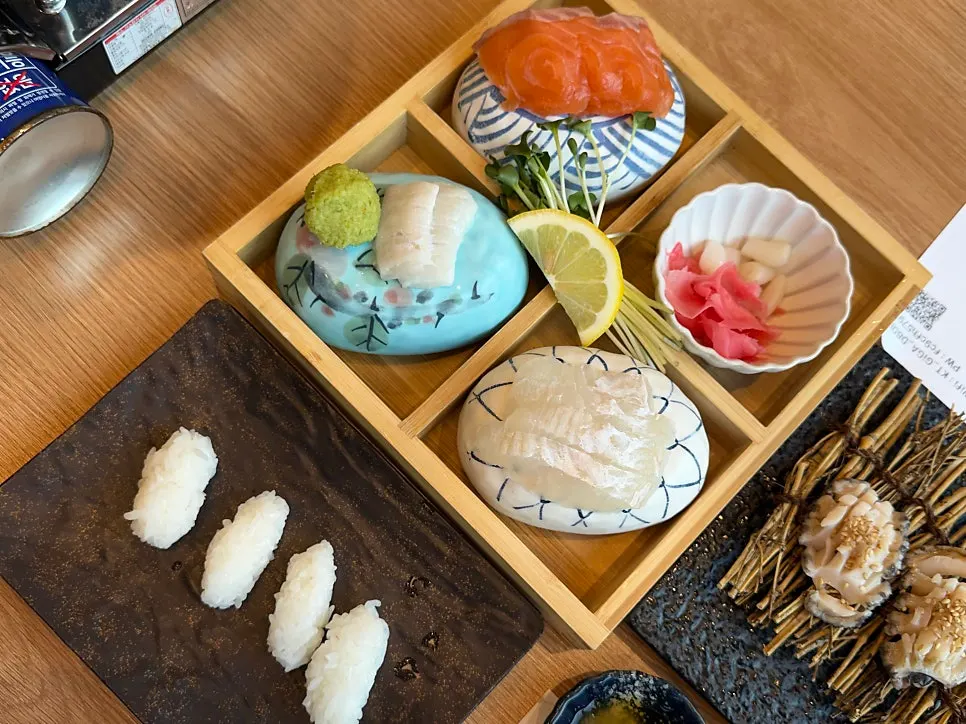 Seasonal aged flounder and salmon sashimi