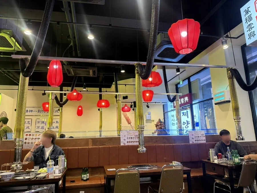Interior of Gukje Yangyukgwan with red lantern lighting