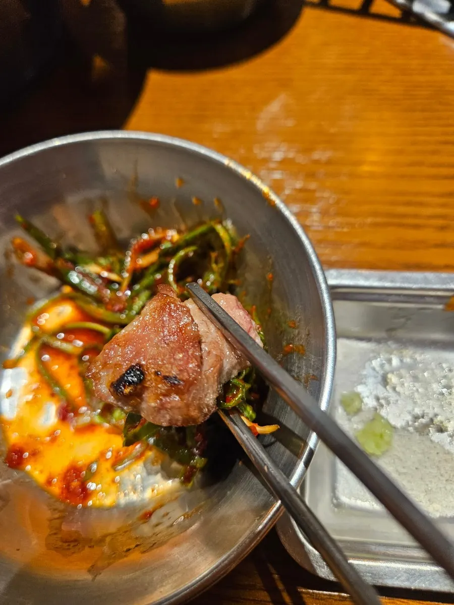 A piece of meat paired with fresh-tossed salad and veggie sauce