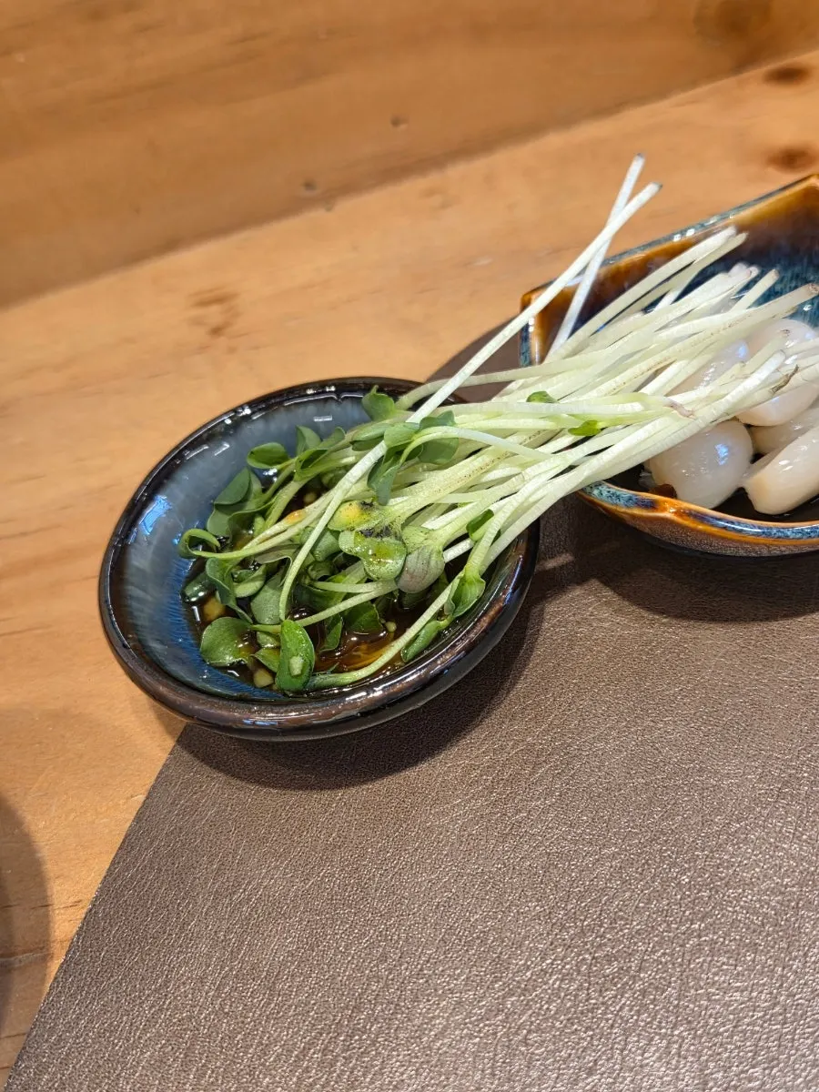 Wasabi and radish sprouts on a soy sauce dish