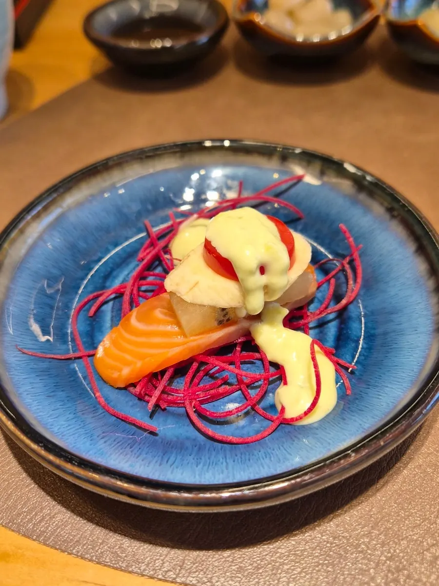 Salmon, kiwi, banana, and tomato appetizer