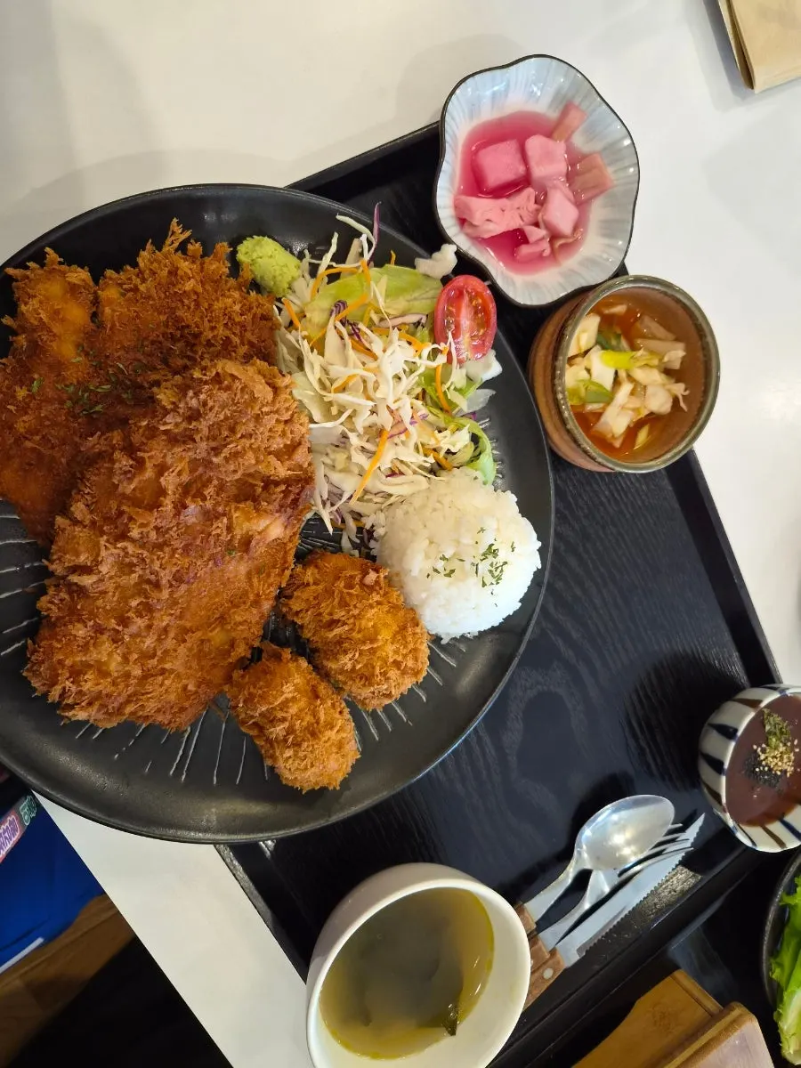 Pork cutlet served together with rice and salad