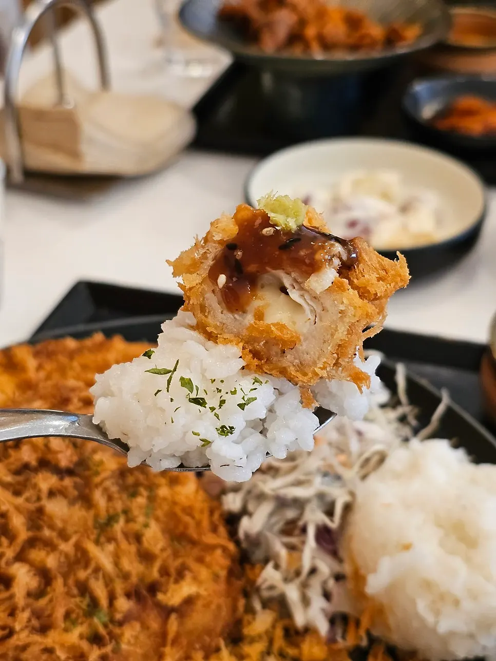 A piece of handmade pork cutlet dipped in sauce