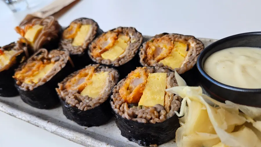 Shrimp buckwheat gimbap made with buckwheat noodles