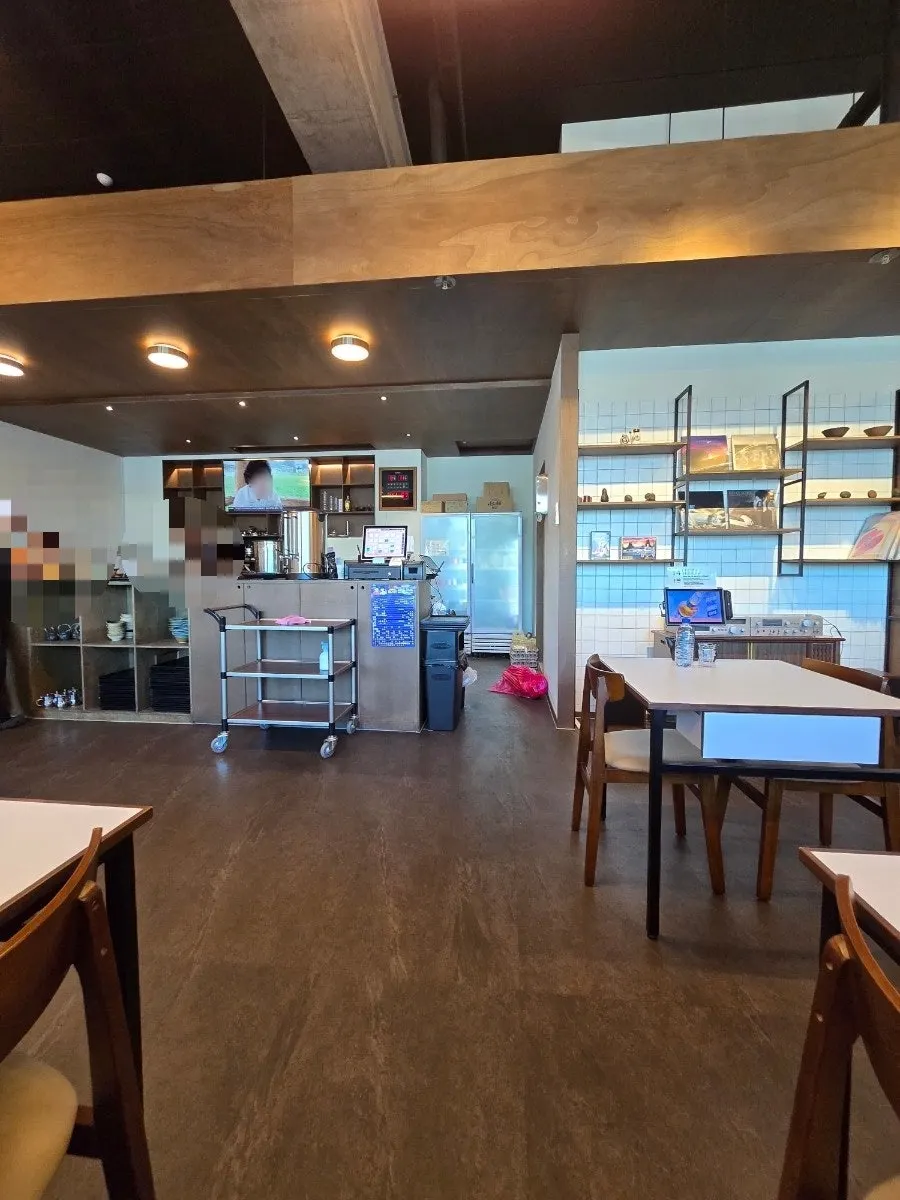 Restaurant interior with an open kitchen