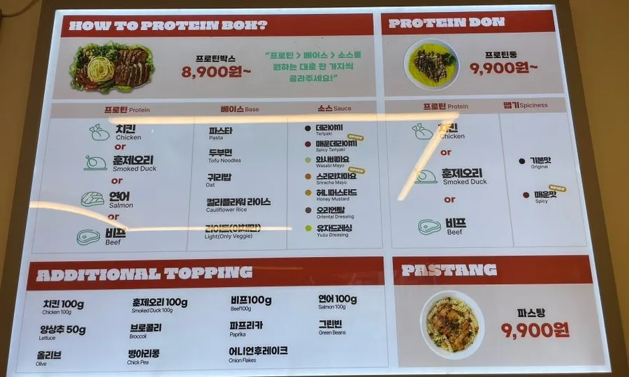 Menu board showing protein and base selection for protein boxes