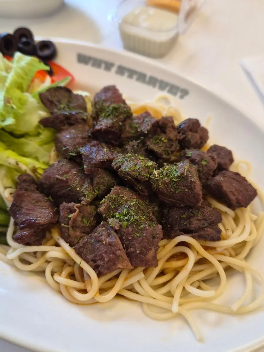 Close-up of the pasta-noodle base beef salad