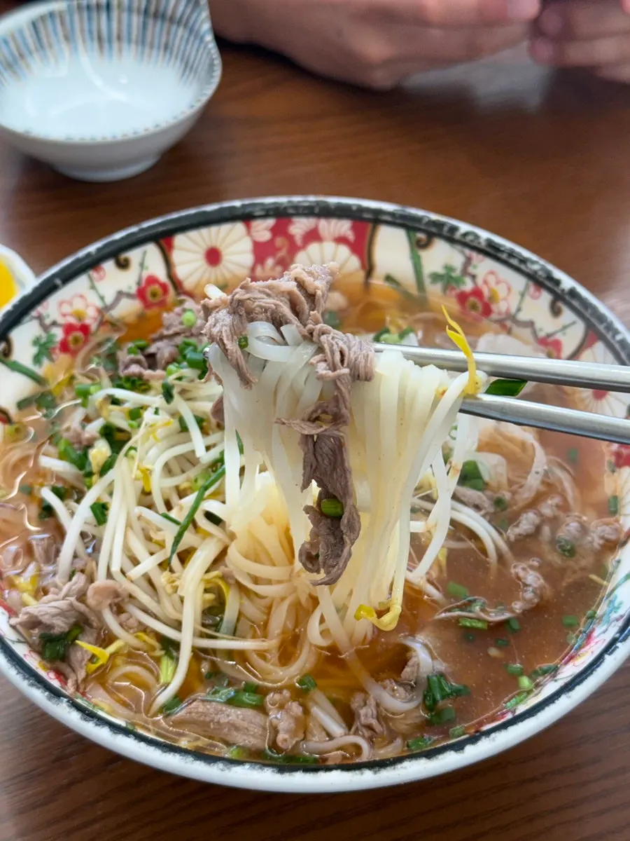 Spicy shabu pho with beef and mung bean sprouts