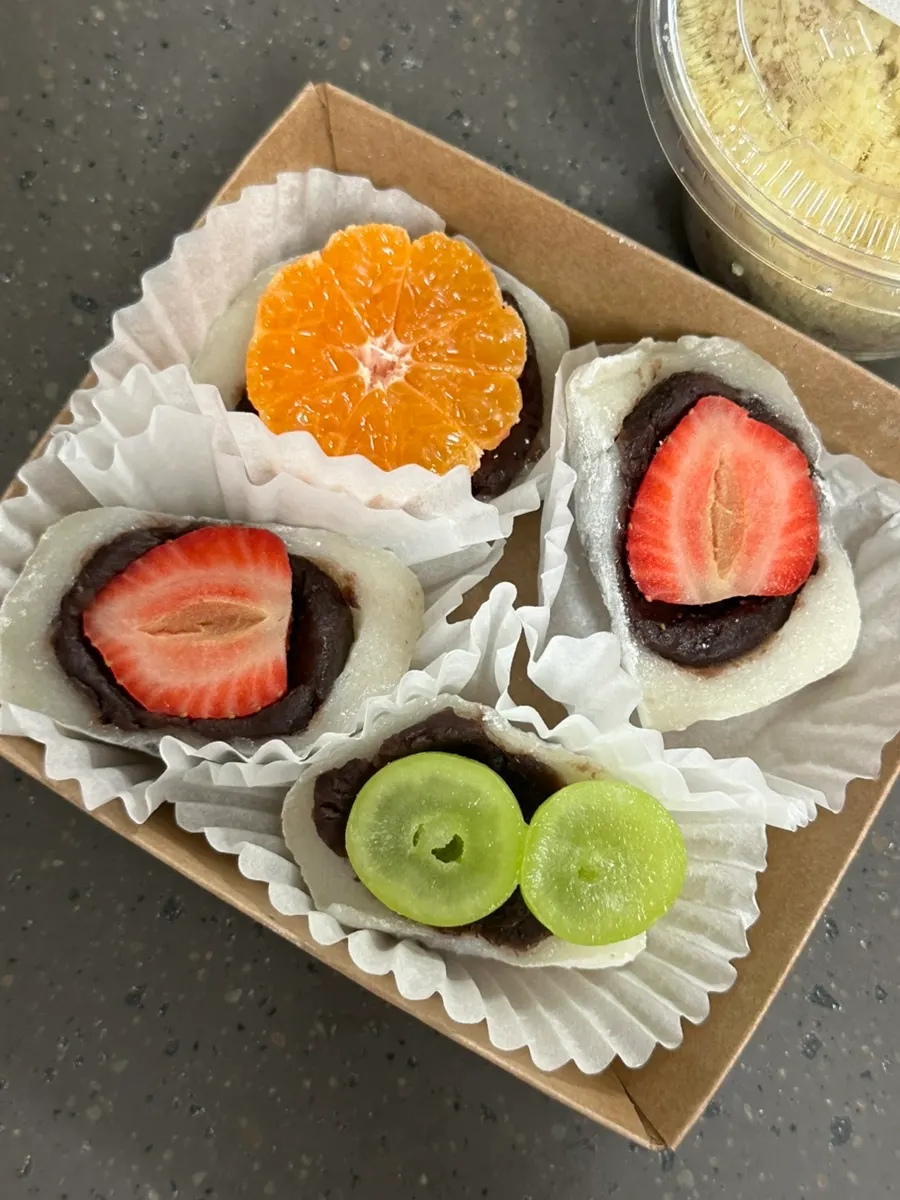 Fruit mochi and injeolmi rice cakes purchased