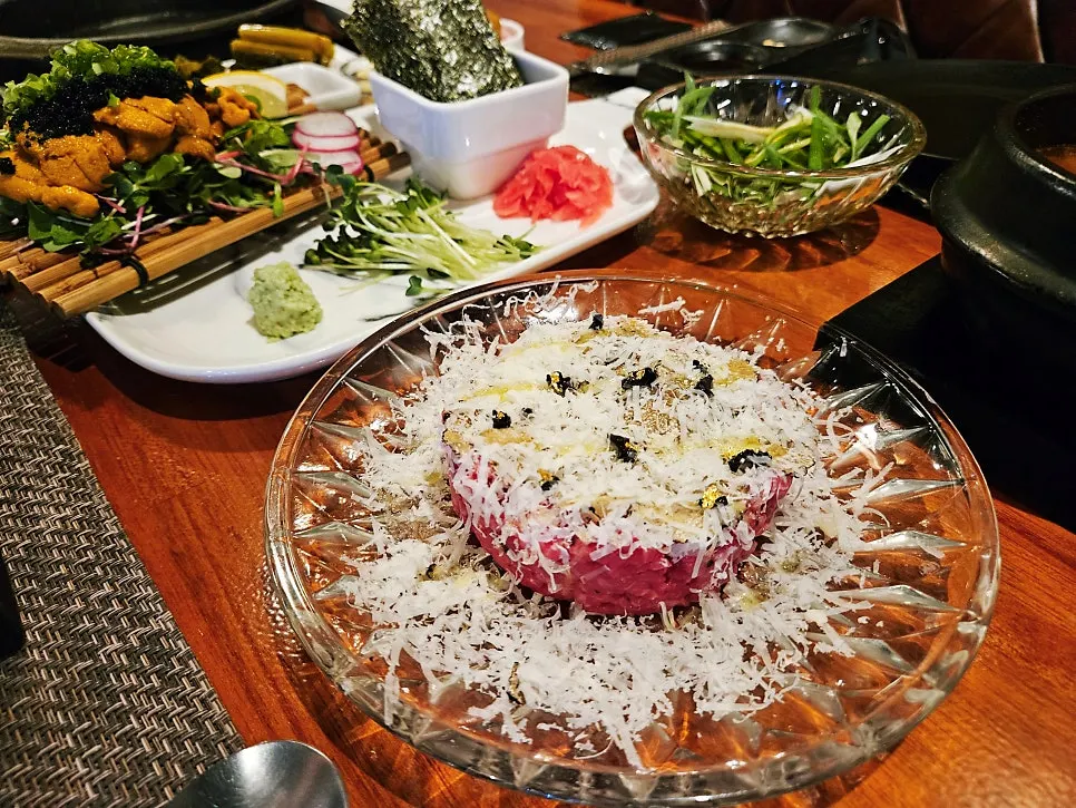 Korean beef tartare topped with truffle mushrooms