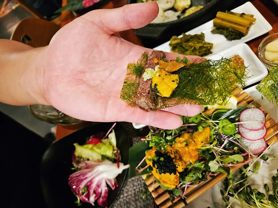 Combination of uni and Korean beef tartare