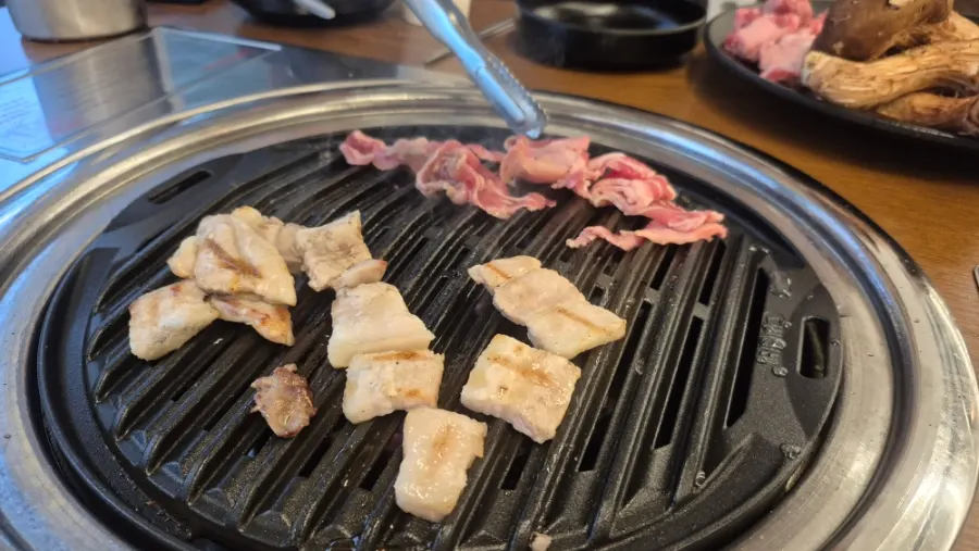 Family meal enjoying several meats