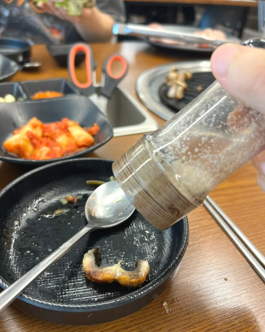 소스에 찍은 구운 장어 한 점