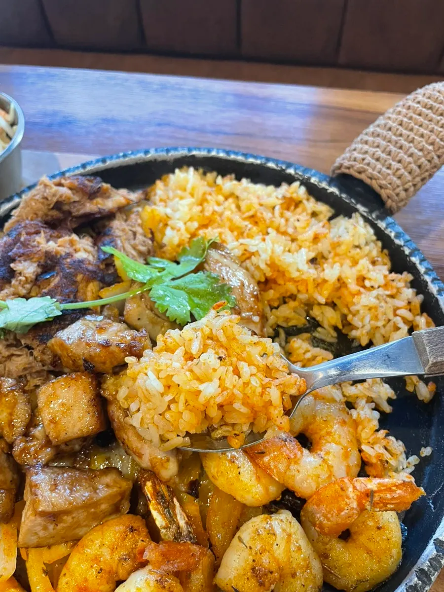 Close-up of pulled pork and grilled chicken
