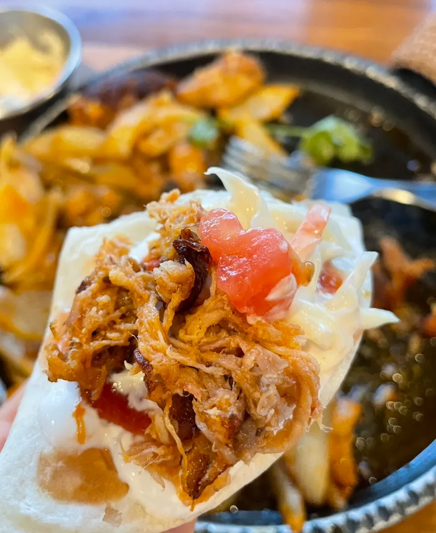 A taco topped with yogurt sauce