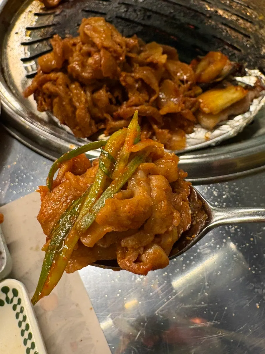 Gochujang bulgogi topped with scallion salad served with white rice