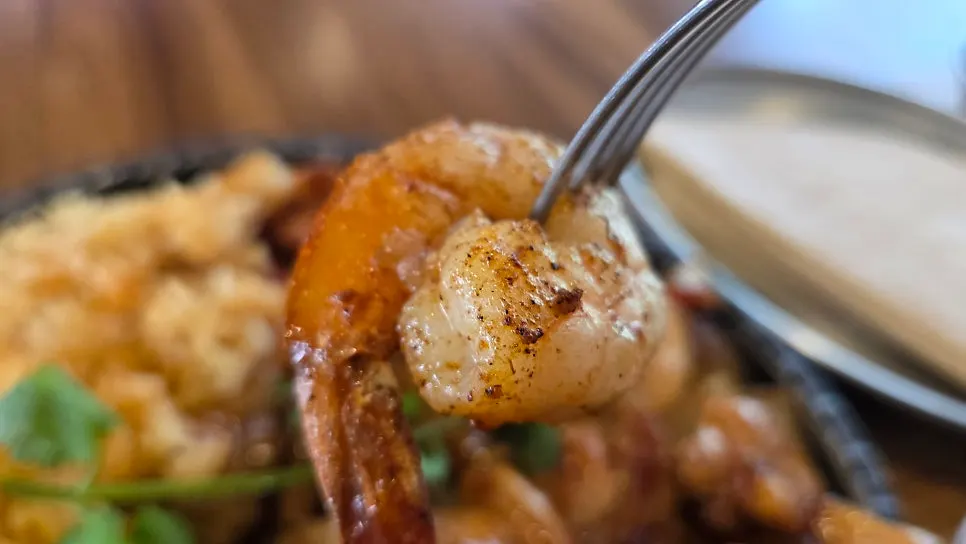 Meat and shrimp combo topped with sauce