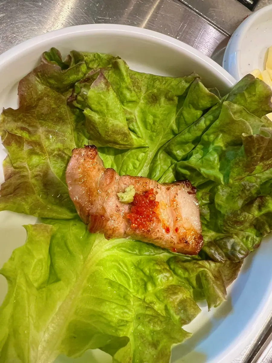 Pork belly combination with herring roe, wasabi, and lettuce