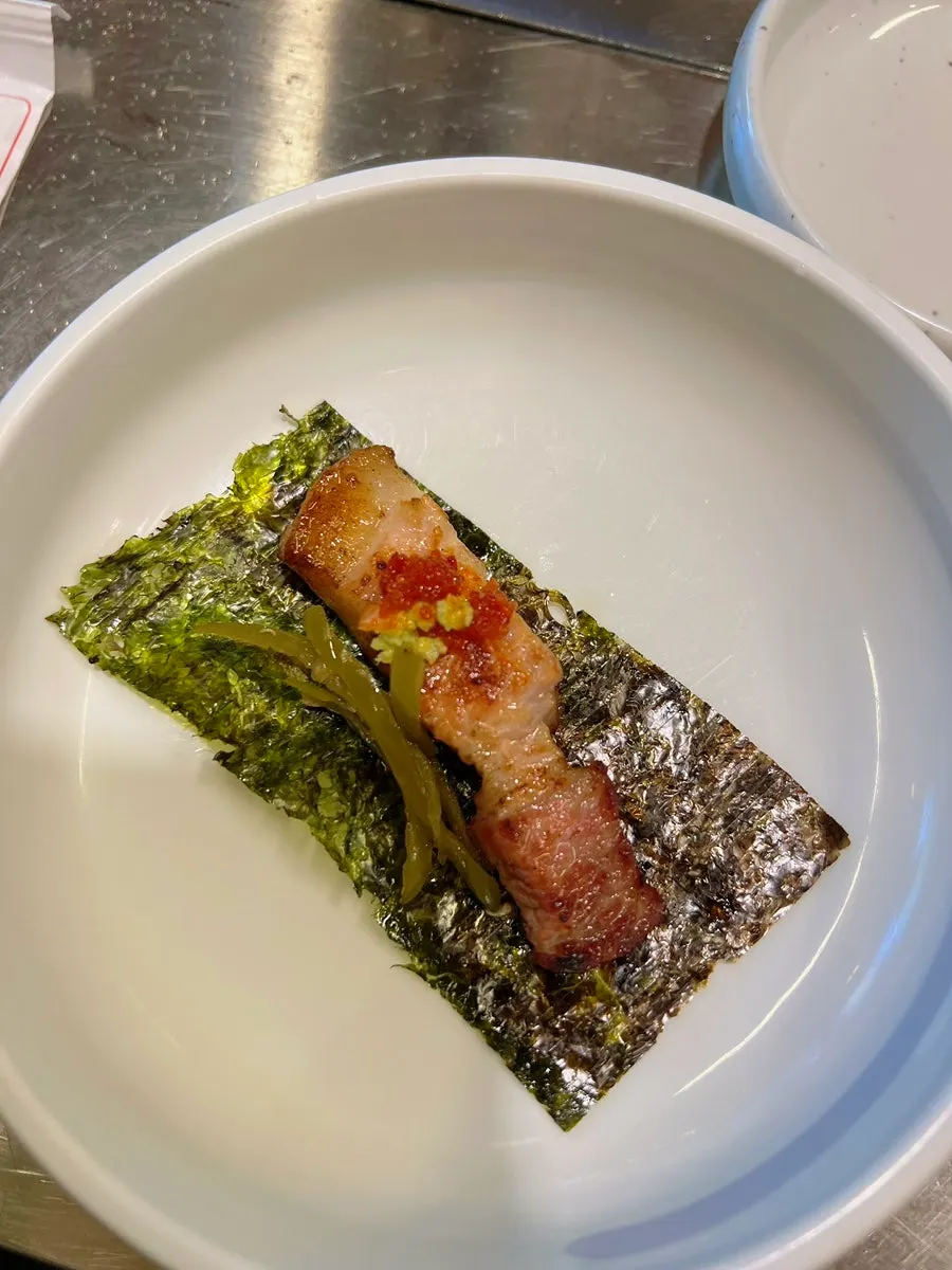 Pork belly combination with roasted seaweed and herring roe