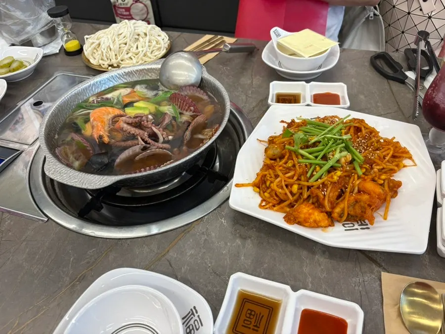 Seafood kalguksu with octopus and shellfish