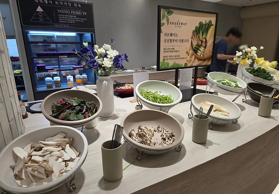 Variety of foods at the shabu-shabu self-serve bar