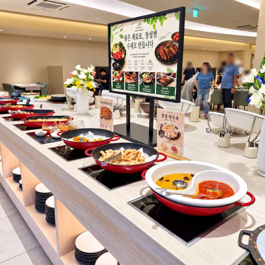 Warm hot-food section opposite the shabu-shabu area