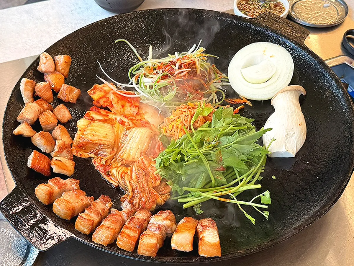 Kimchi scored whole pork belly and diced pork jowl
