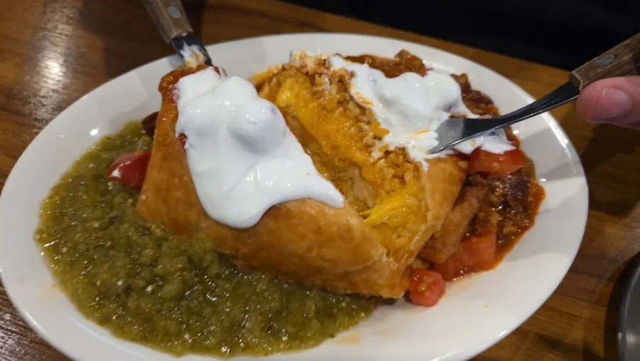 Cross-section of a chimichanga cut in half