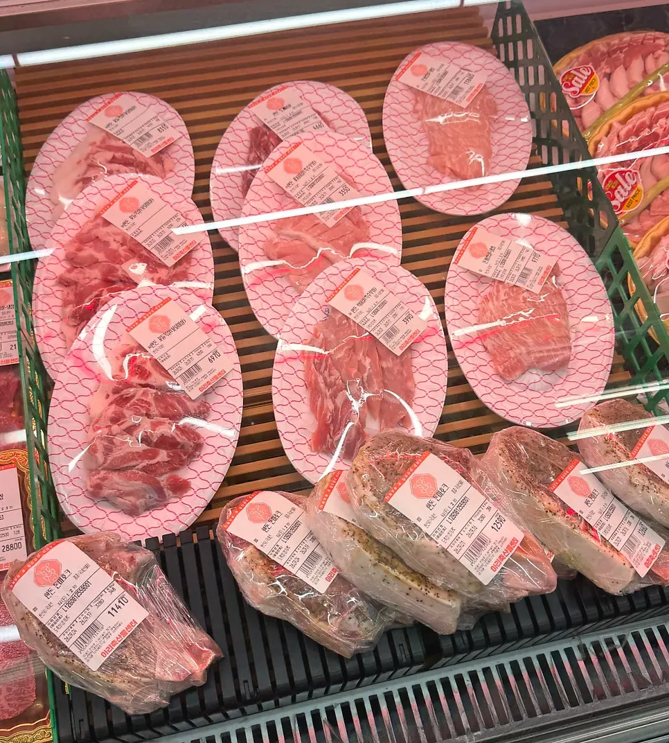 Meat displayed in a refrigerated case