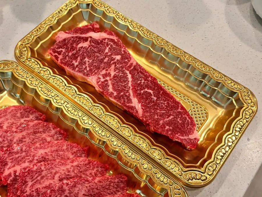 Cross-section of Korean beef striploin with wrap removed